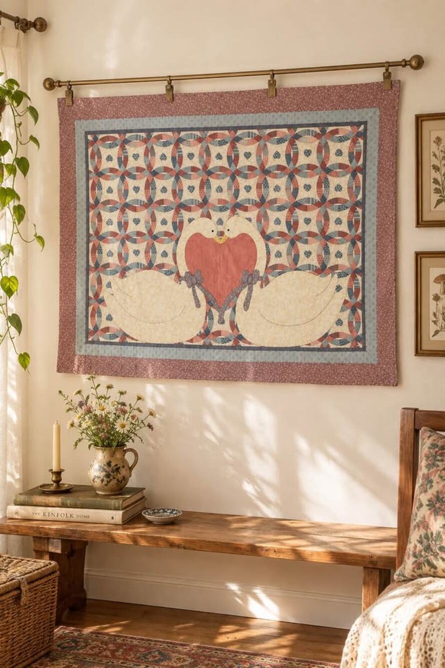 Handmade Swan and Heart Quilt Wall Hanging